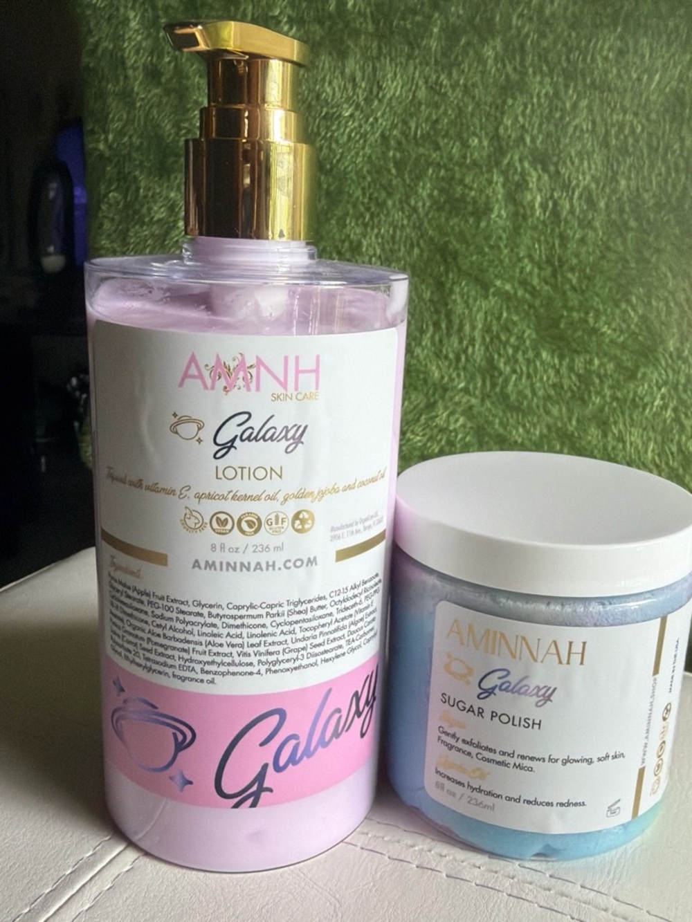 AMINNAH Galaxy Pink Lotion & Sugar Polish Set — Hydrating Exfoliation Duo
